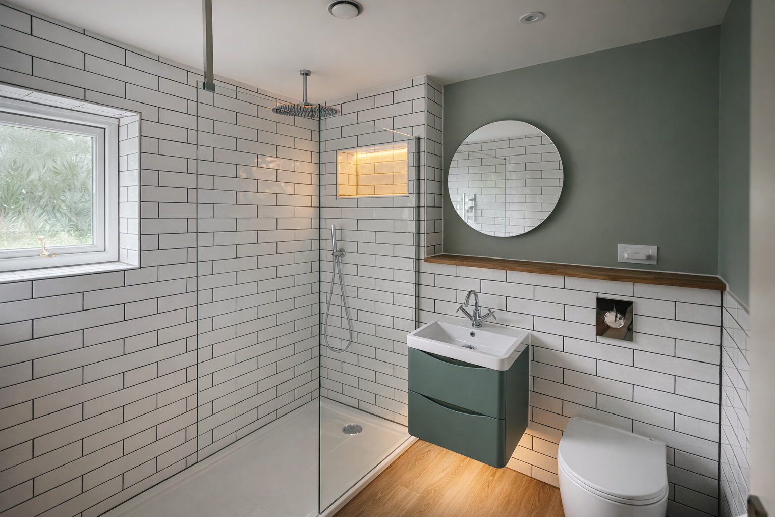 Propcare bathroom refurbishment — tiled walk-in shower with sage green vanity