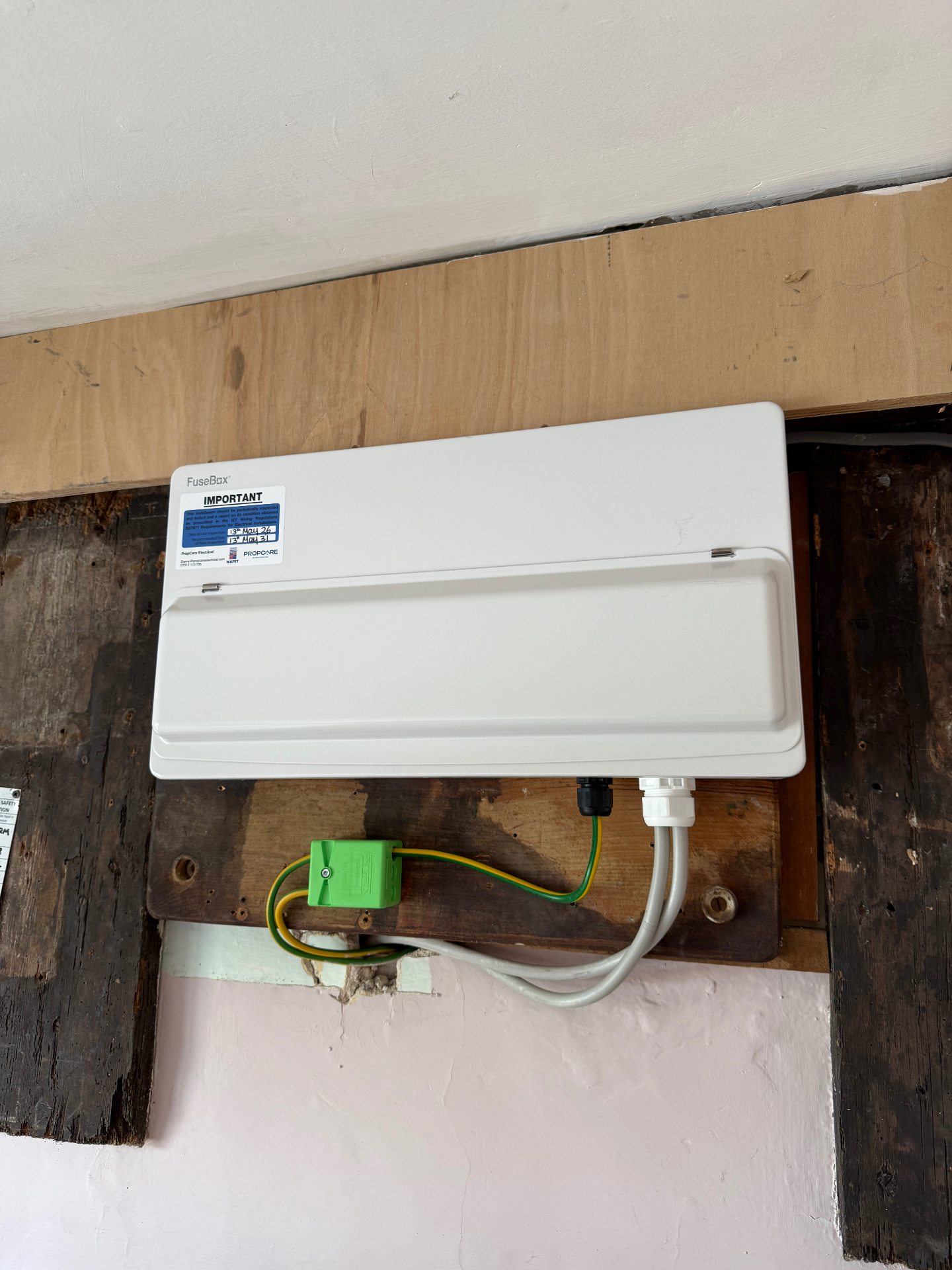 Installed FuseBox consumer unit with Propcare Electrical certification label